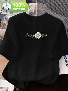 Women's Casual Short-Sleeved Crew Neck T-Shirt, Made From 100% Pure Cotton, Perfect For Spring And Summer. Ideal For Everyday Wear, With Graphic Designs And Lightweight Fabric. This Loose-Fitting T-Shirt - 黑色 - 查看 1