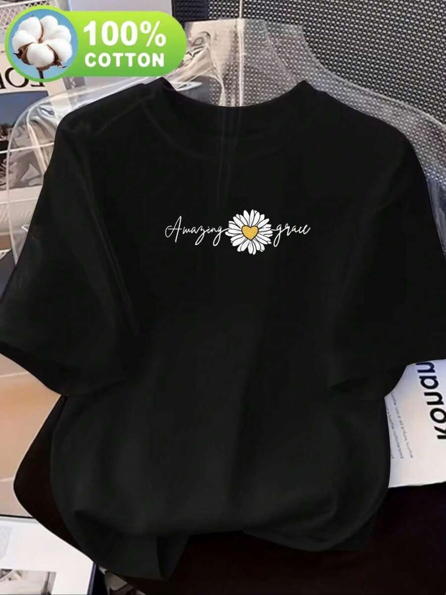 Women's Casual Short-Sleeved Crew Neck T-Shirt, Made From 100% Pure Cotton, Perfect For Spring And Summer. Ideal For Everyday Wear, With Graphic Designs And Lightweight Fabric. This Loose-Fitting T-Shirt - 黑色 - 查看 1