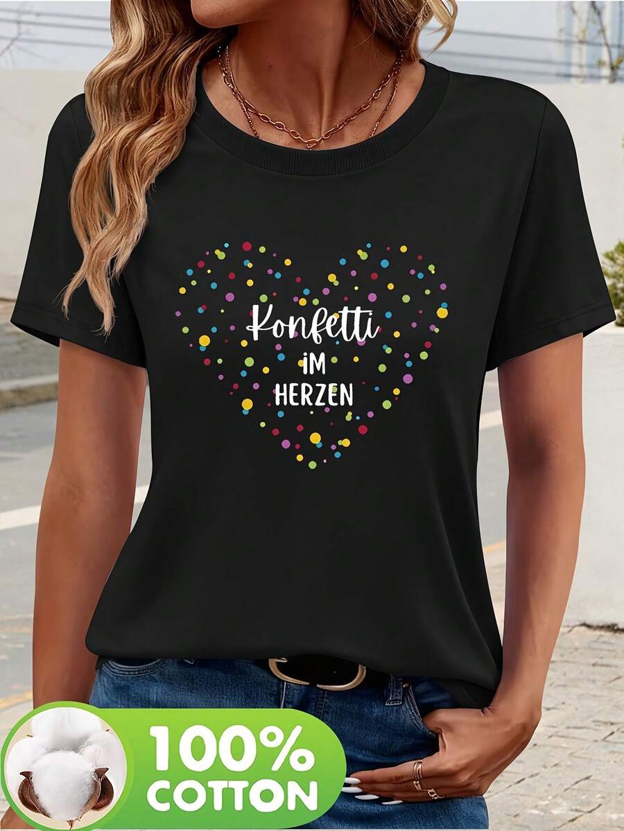 Women's Short-Sleeved T-Shirt Made From 100% Pure Cotton With A Heart Print - Comfortable, Versatile, Casual Crew Neck T-Shirt, A Spring And Summer Staple, Machine Washable, An Essential Everyday T-Shirt With A Soft Texture - 黑色 - 查看 1