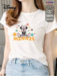 Women's T-Shirt Made Of 100% High-Quality Cotton, This T-Shirt Guarantees Exceptional Softness To The Touch, Round Neck With "Disney Minnie Floral" Print And Short Sleeves - 白色 - 查看 1