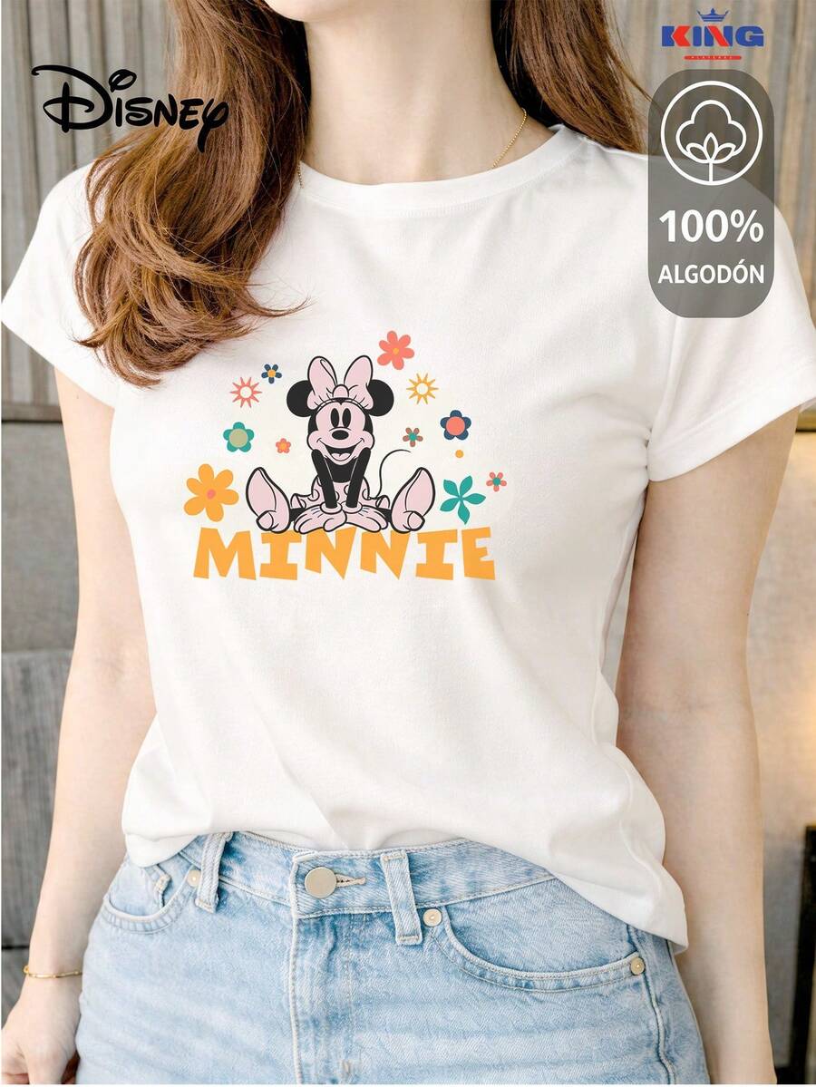 Women's T-Shirt Made Of 100% High-Quality Cotton, This T-Shirt Guarantees Exceptional Softness To The Touch, Round Neck With "Disney Minnie Floral" Print And Short Sleeves - 白色 - 查看 1