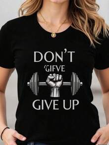 2026 new Camisetas Para Mujer Camiseta motivacional de entrenamiento con frase inspiradora para gimnasia, estilo casual para mujeres y hombres, ideal para fitness y ejercicios, disponible en tallas medianas y grandes, color negro, ropa deportiva y moda en . - Negro - Ver 6
