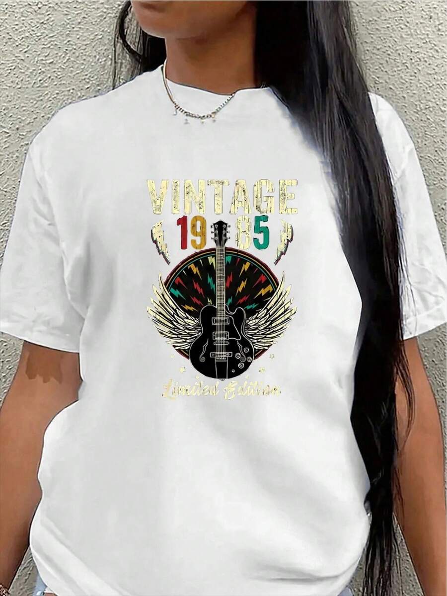 Camiseta de manga corta con diseño retro de ala de guitarra de edición limitada de 1985, adecuada para el ocio en casa o para salir a cenar, ligera y duradera, un artículo imprescindible para los amantes de la música.blusas para mujer>ropa - Blanco - Ver 1