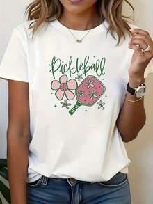 Vintage Women's Pickleball Print T-Shirt - White With Green And Pink Sporty Design, Casual Short Sleeves And Round Neck, Lightweight And Breathable Fabric, Machine Washable, Suitable For Summer Vacation And Sports, Pickleball Themed Clothing, Easy Care Garment, Graphic T-Shirt. - 白色 - 查看 7