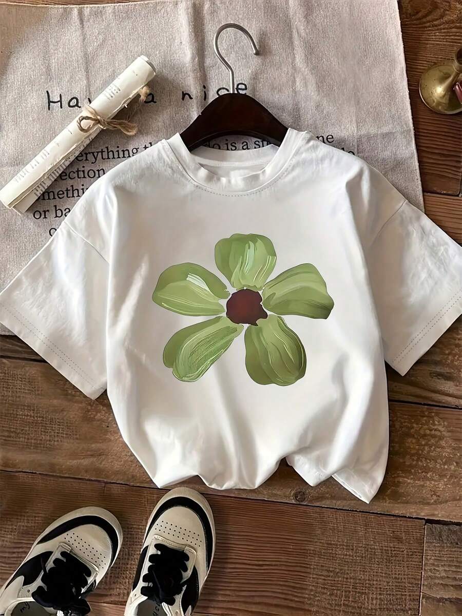 Plus Size Women's Casual Short Sleeve Crew Neck T-Shirt - Vibrant Green Floral Print, Breathable And Machine Washable, Comfortable Fit Top For All Seasons, Easy Care Clothing, Artistic Print, Non-See-Through Fabric - 白色 - 查看 1