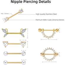 Bộ 7 khuyên ngực 14G – Khuyên thẳng bằng thép không gỉ đính đá CZ, mạ vàng và bạc, hình bướm, trái tim, hình tròn, màu hồng – Trang sức xỏ khuyên ngực dành cho nữ - Nhiều màu - Xem 4