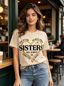 Camiseta estampada para mujer, Tops de verano, Hermanas Junto o A Kilómetros de Distancia, Camiseta para Viaje de Hermanas, Camiseta a juego para Vacaciones de Hermanas, Camisetas para Viaje de Fin de Semana para Hermanas, Camiseta a juego para Hermanas, Holgada y Cómoda, Playera para verano - Albaricoque - Ver 6