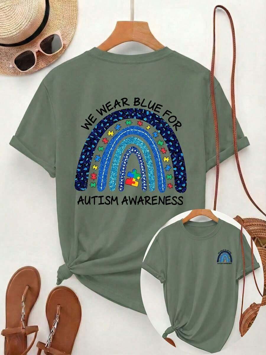 Women's Summer Casual T-Shirt [Double-Sided] Print Women's Spring/Summer Casual Style With Round Neck And Short Sleeves, Featuring Rainbow Bow Pattern, Central Puzzle Piece And The Text "YOU BLUE CLOTHES FOR AUTISM AWARENESS" On The Top And Bottom, Suitable For All Seasons, 100% Cotton - 綠色 - 查看 1