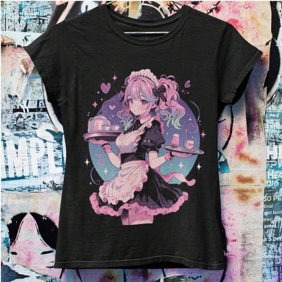 Pastel Goth Maid Anime Girl Oversized Tshirt  Harajuku Streetwear  j1apanese Streetwear  Grunge Aesthetic - Negro - Ver 1