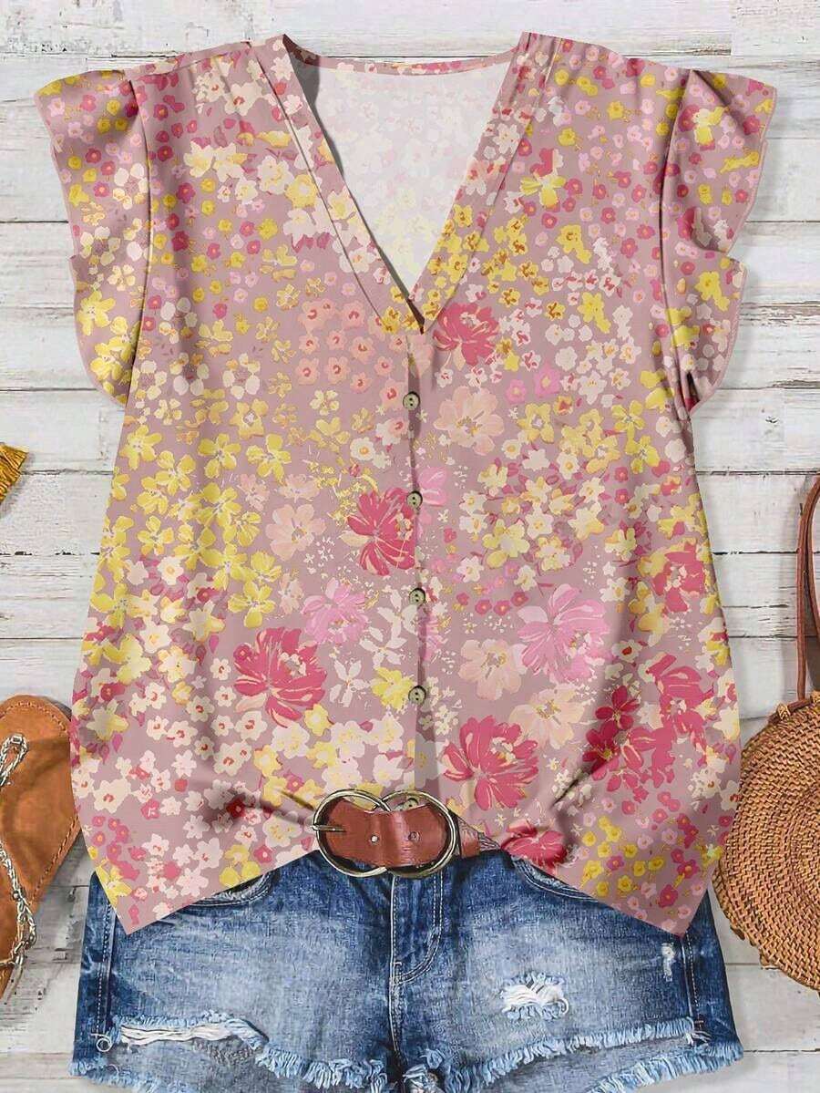 Camisa Casual Floral en Acuarela para Mujer de , Estilo Minimalista Adecuado para el Verano, Ideal para Salir, Blusas Elegantes para Mujer - Multicolor 12 - Ver 1