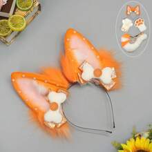 Plush Fox Ears Headband & Tail & Paw Gloves Set, Multi-Color Cosplay Costume Accessories For Halloween & Parties - 黑色狐狸頭帶 - 查看 3