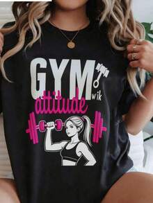 Women's T-Shirt With Gym Print | Slogan: GYM Attitude With Girl Lifting Weights, White And Pink Colors, Background, Durable Printing Process, Fitness Style - 黑色 - 查看 9
