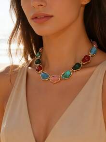1 pezzo Collana asimmetrica in resina colorata placcata in oro stile retrò, design bohémien, adatta per spiaggia, festa, festival musicale, choker - Multicolore - Visualizzare 4