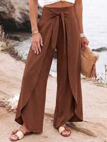 Pantalones anchos de pierna dividida de diseño de moda para uso diario, casual y elegante, de unicolor para el verano y las vacaciones - Blanco - Ver 6