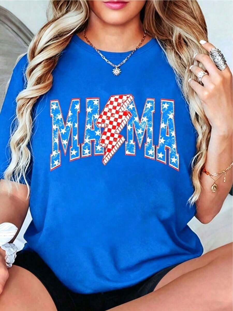 1 Piece Women's MAMA Graphic T-Shirt 100% Cotton, With American Flag Star And Lightning Bolt Print, Round Neck, Patriotic Casual T-Shirt For 4th Of July, Vintage Style, Streetwear For Mom, Soft. - 藍色 - 查看 1