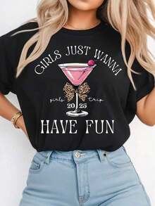 Women's Casual T-Shirt, Travel Design, Best Friend Travel Print T-Shirt, Crew Neck, Short Sleeve, Soft Polyester Fabric, Ideal For Summer Travel, Fun Graphic T-Shirt, Cute Summer T-Shirt For Ladies, 100% Cotton, Durable - 黑色 - 查看 3