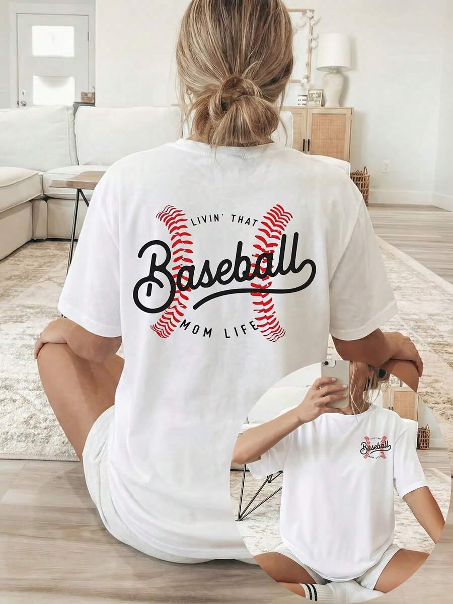 1 Piece [Double-Sided Print] Women's T-Shirt, Casual Short-Sleeved Round Neck Top, With Baseball-Style Stitching And The Print "LIVIN' THAT MOM LIFE", Machine Washable, Suitable For Casual Wear, Multi-Purpose Clothing, Fashionable And  T-Shirt, Comfortable Material, 100% Cotton For Style Enthusiasts. - 白色 - 查看 1