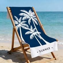 1pc Ultra Soft Navy Blue Palm Tree Summer Pattern Beach Towel, Suitable For Beach, Pool Party, Vacation - Style4 - View 7