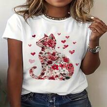 Camiseta con estampado gráfico de corazón de San Valentín para amantes de los gatos, Diseño como una camiseta casual de manga corta con cuello redondo, ideal para primavera y verano, parte de la ropa de mujer S-XXXL - Blanco - Ver 1