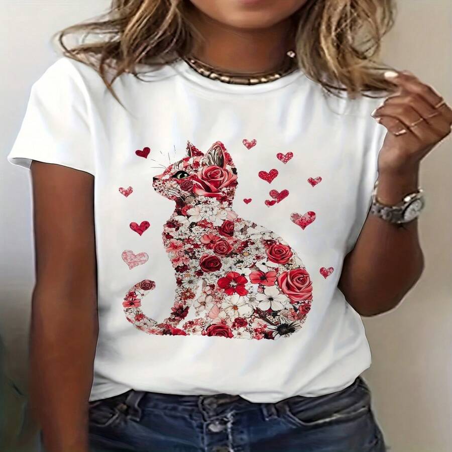 Camiseta con estampado gráfico de corazón de San Valentín para amantes de los gatos, Diseño como una camiseta casual de manga corta con cuello redondo, ideal para primavera y verano, parte de la ropa de mujer S-XXXL - Blanco - Ver 1