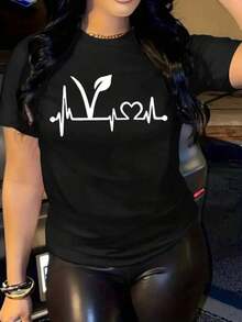 Women's White T-Shirt With Vegan Electrocardiogram And Heart Design, Minimalist Casual Garment, Ideal For Expressing Your Lifestyle With Simplicity, 2026 Season - 黑色 - 查看 3