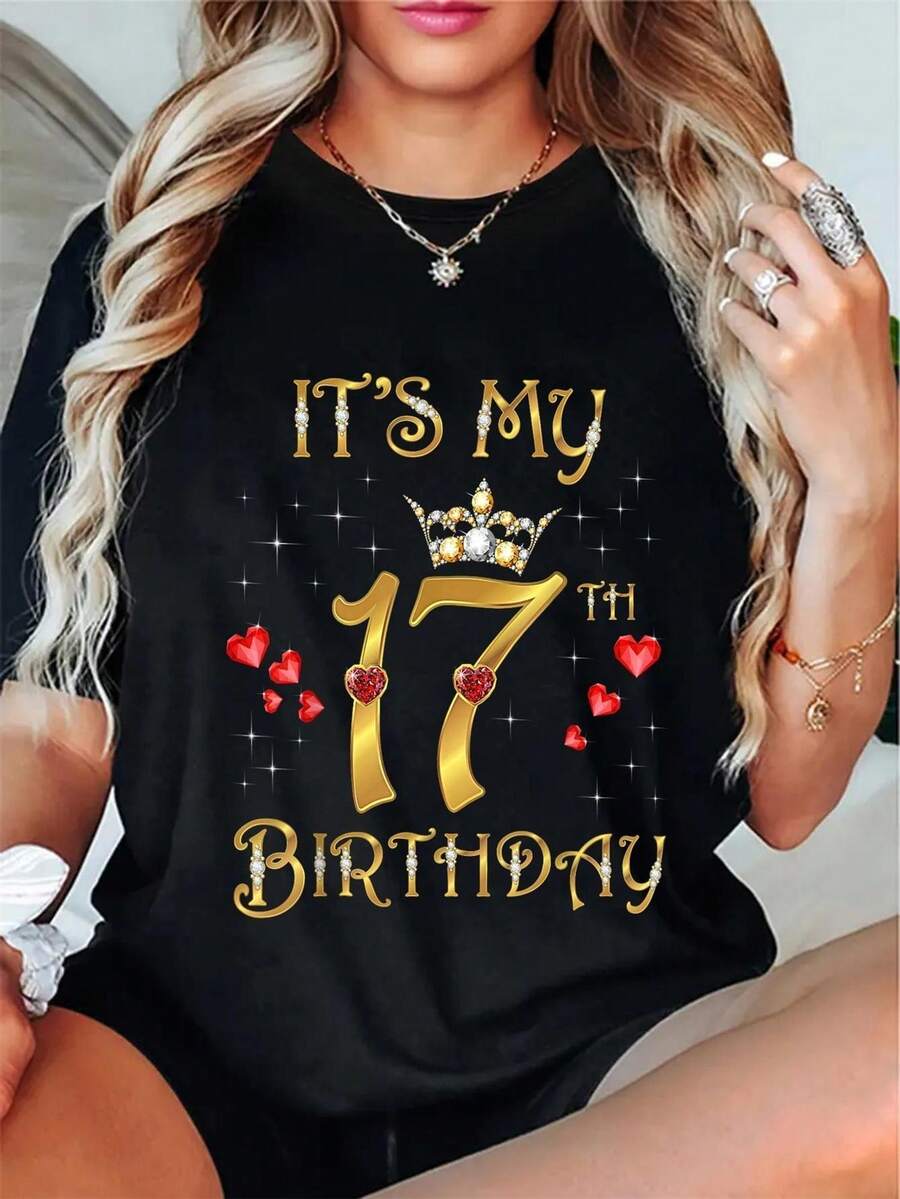 Queen T-Shirt For Women's 17th Birthday - Black Glitter Crown And Heart Design Y2K, Gold Glitter Text, 17th Birthday Party Outfit, Birthday T-Shirt, Casual Wear, Fashion Y2K, Durable Print, Celebration Top, Adult - 黑色 - 查看 1
