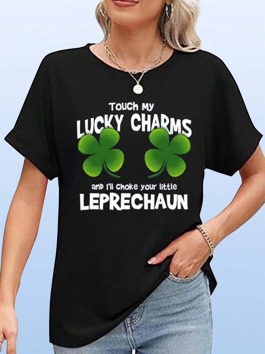 Women's T-Shirt With Print And Round Neck, 1 Piece. Men's T-Shirt With A Fun And Humorous Design Of "Touch My Lucky Charm, Strangle Your Dwarf", Four-Leaf Clover, For St. Patrick's Day, Irish Beer. - 黑色 - View 1