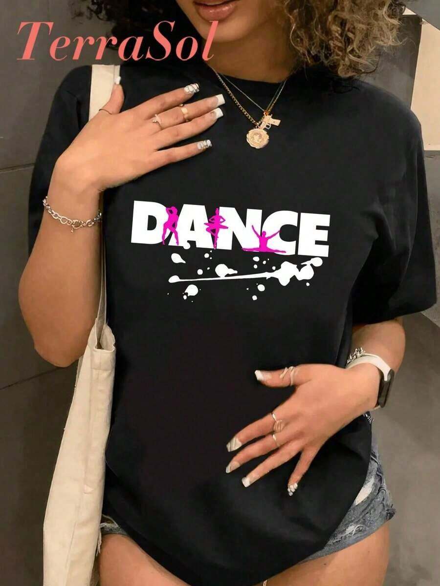 1 Piece. This "Dance" Print T-Shirt Is Perfect For Dance Lovers: A Casual, Pure Cotton Tee Designed For Women. With A Simple Yet Charming Aesthetic Adorned With A Delicate Print, It Features A Classic Crew Neck And Short Sleeves, Effortlessly Capturing The Essence Of Summer Street Style. It Also Makes A Lovely Surprise Gift For Friends And Family. 180g 100% Cotton - 黑色 - 查看 1