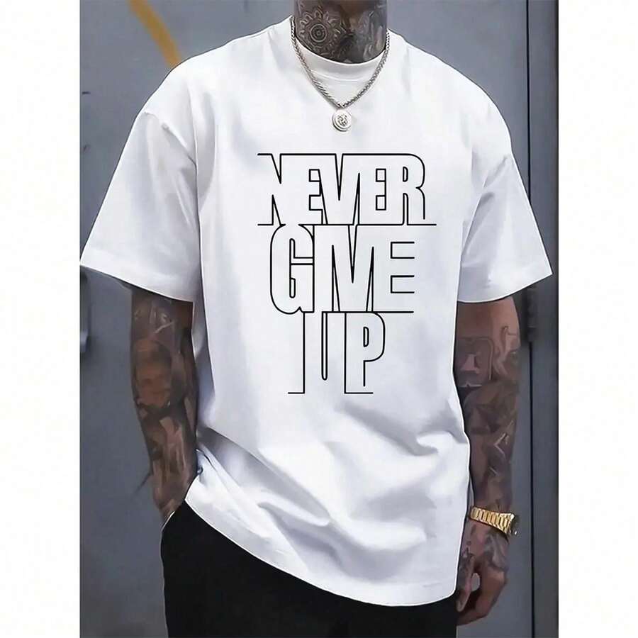 100% Cotton Men's Casual Cotton T-Shirt With The Words "Never Give Up" Printed - Crew Neck, Slight Stretch, Knit Fabric, Regular Fit, Summer Short Sleeve T-Shirt Suitable For Adults, Plus Size Option Reg 6Z2I OIE0 - 黑色 - 查看 1