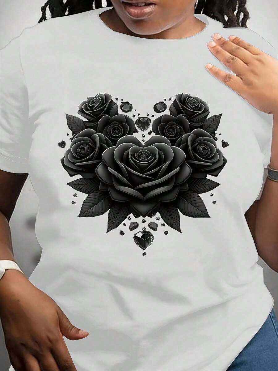 Pure Cotton T-Shirt, 2026 Style, Printed With Hearts And Flowers Design, Short Sleeve, Round Neck, Casual Top For Spring And Summer, Women's Clothing - Vintage T-Shirt. - 白色 - 查看 1