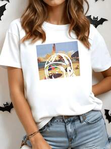 Beach Scene With Astronaut Gazing At The Horizon Where The Sea Meets The Sky And The Rocket Symbolizes Dreams Taking Flight. Full Of Vibrant Colors, Modern Casual Women's T-Shirt For Everyday Wear - 白色 - 查看 8