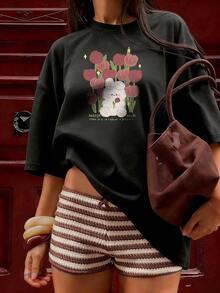 White Rabbit And Wine Tulip T-Shirt, Fashionable Short-Sleeve T-Shirt For Spring/Summer 2026, Made In Mexico, 180 Grams. Cartoon Print, Couple Design, Suitable For Indoor Or Outdoor Wear. Crew Neck, Unisex, Ideal For Office And Leisure. One-Piece Pack. - BK-P631577SLNDXZGY637 - 查看 2