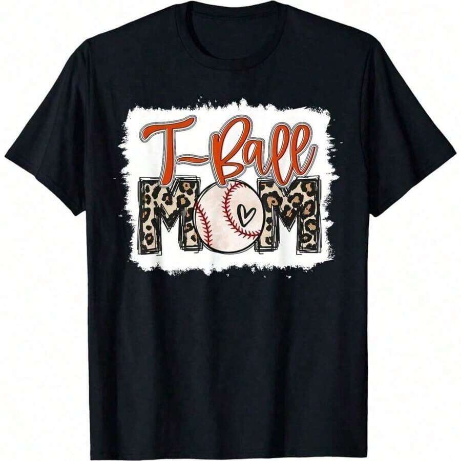 1 Piece Of Women's Casual T-Shirt With "T-Ball Mom" Letter Print, Short Sleeve, Round Neck, Regular Fit, Slightly Elastic, Ted Fabric, 180g, 100% Cotton. - 黑色 - 查看 1