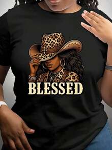 Women's Plus Size Summer Casual T-Shirt With "Blessed" Leopard Print And Western Cowgirl Graphic Design, Round Neck, Short Sleeve, Soft And Casual For Everyday Wear In Spring And Summer. - 白色 - 查看 7