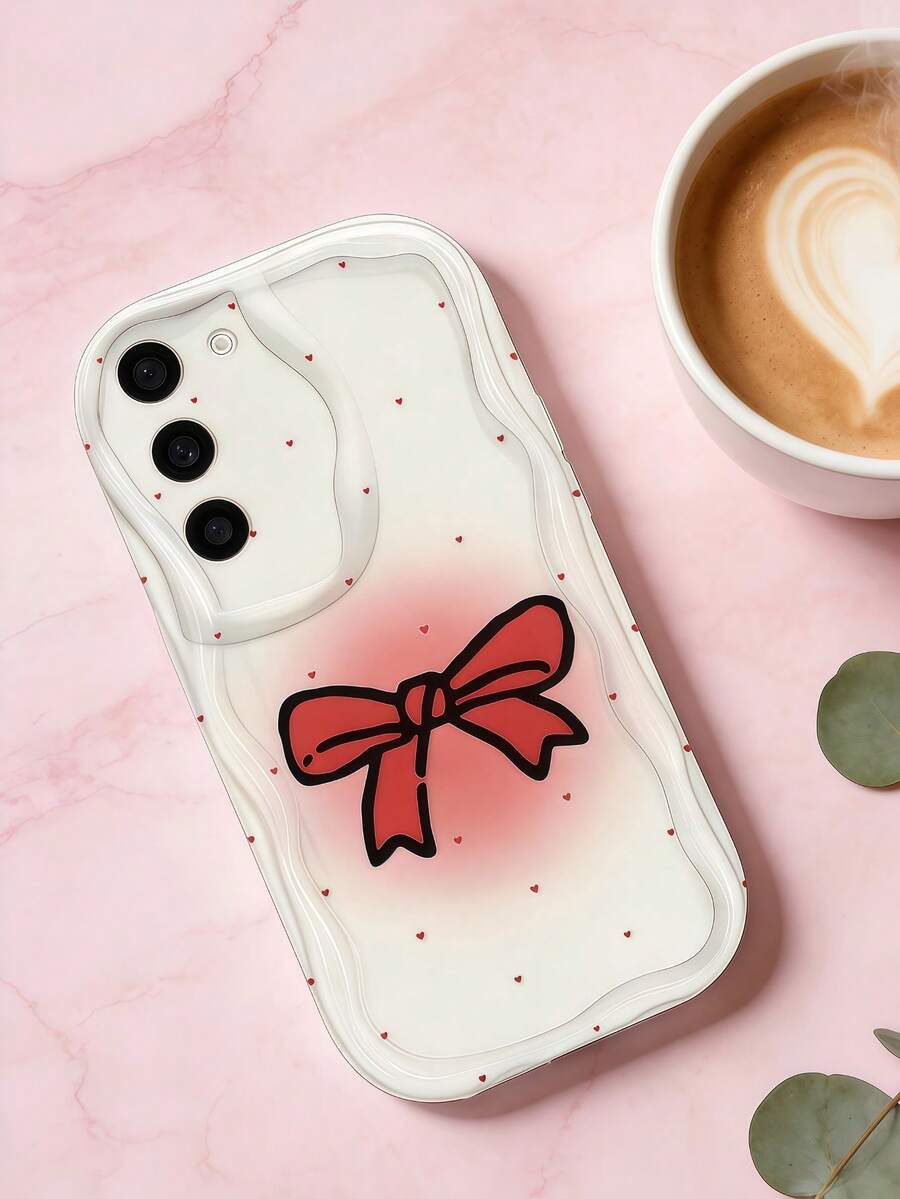 1 chiếc ốp lưng điện thoại bằng chất liệu TPU mềm mại, họa tiết chấm bi đỏ và nơ, màu kem, kiểu dáng lượn sóng, tương thích với Galaxy S21 S22 S23 S24 S25 S26//Honor// và các dòng điện thoại khác. - trắng - Xem 1