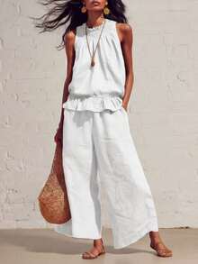 Nuevo conjunto de dos piezas de lino y algodón de estilo bohemio retro con volantes - Blanco - Ver 1