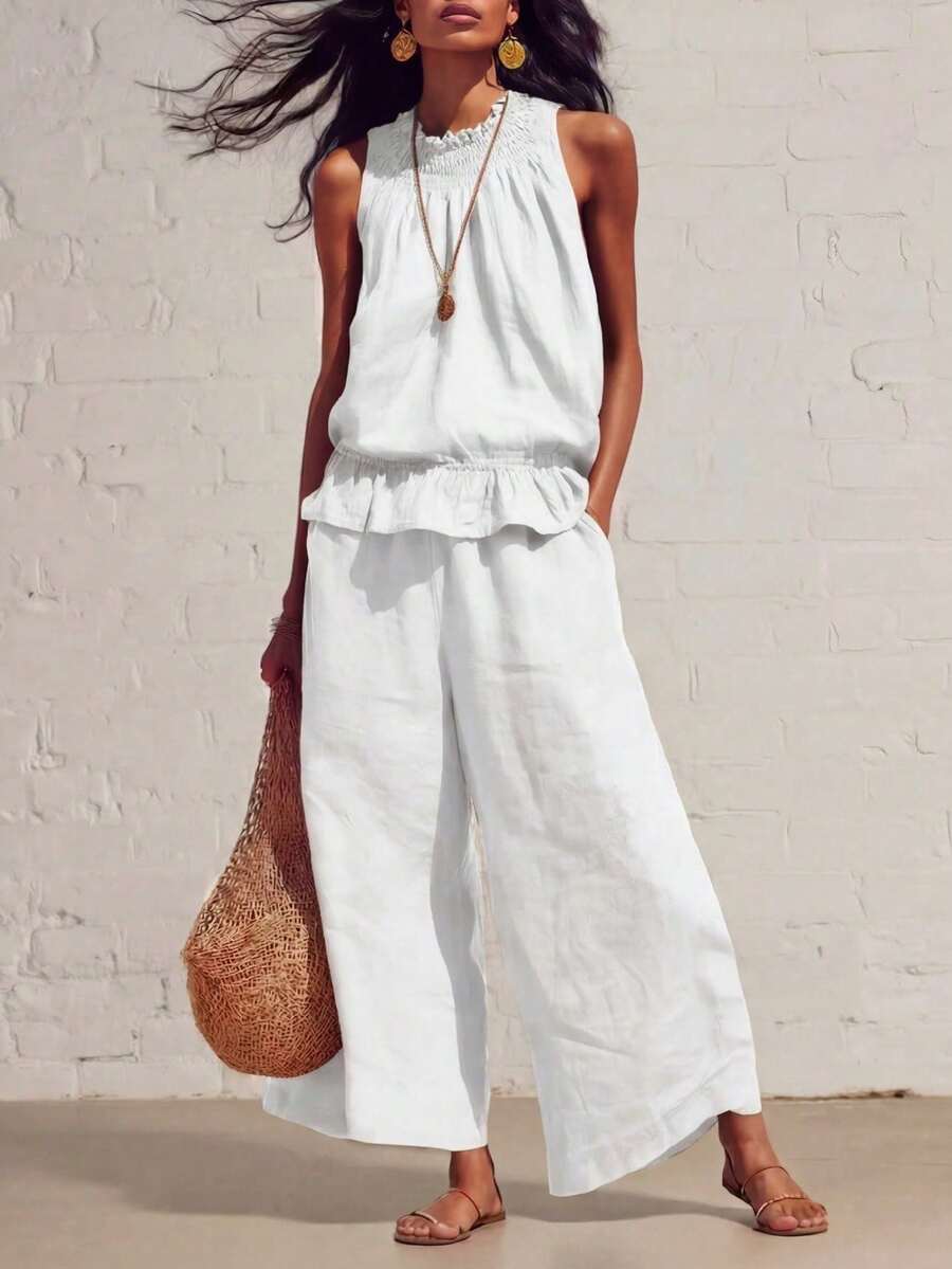 Nuevo conjunto de dos piezas de lino y algodón de estilo bohemio retro con volantes - Blanco - Ver 1
