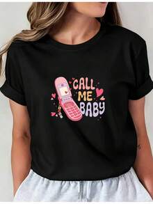 Women's Printed T-Shirt - Casual Short Sleeve Crew Neck T-Shirt In Black With Colorful CALL ME Design - Relaxed Fit For All Seasons, Perfect For Everyday Wear And Holiday Outfits (Machine Washable). - 黑色 - 查看 1