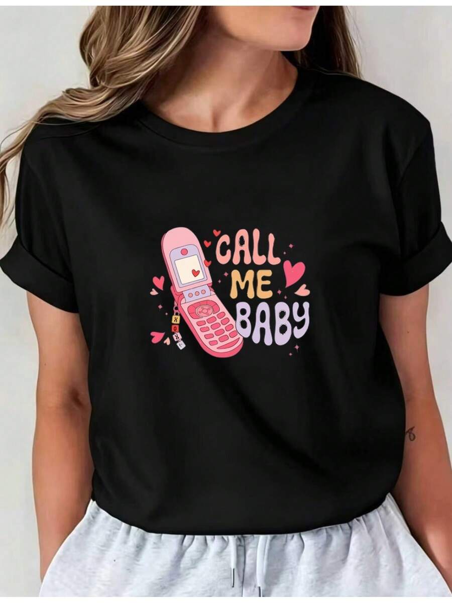 Women's Printed T-Shirt - Casual Short Sleeve Crew Neck T-Shirt In Black With Colorful CALL ME Design - Relaxed Fit For All Seasons, Perfect For Everyday Wear And Holiday Outfits (Machine Washable). - 黑色 - 查看 1