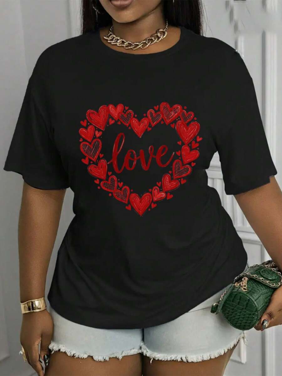 Women's Printed T-Shirt - Casual Black Short Sleeve Crew Neck T-Shirt With Red Heart And "Love" Text. With A Relaxed Fit For All Seasons, The Perfect Choice For Everyday Wear Or Your Holiday Outfits (Machine Washable). - 黑色 - 查看 1