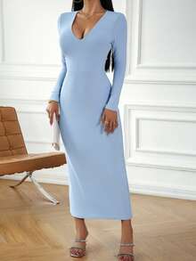 New Women's Autumn Dress, Sexy, V-Neck, Long Sleeve, Fitted Bodycon Cut, Elegant And Flattering Design, Perfect For Dates, Daytime Looks And Casual Occasions - 藍色 - 查看 6
