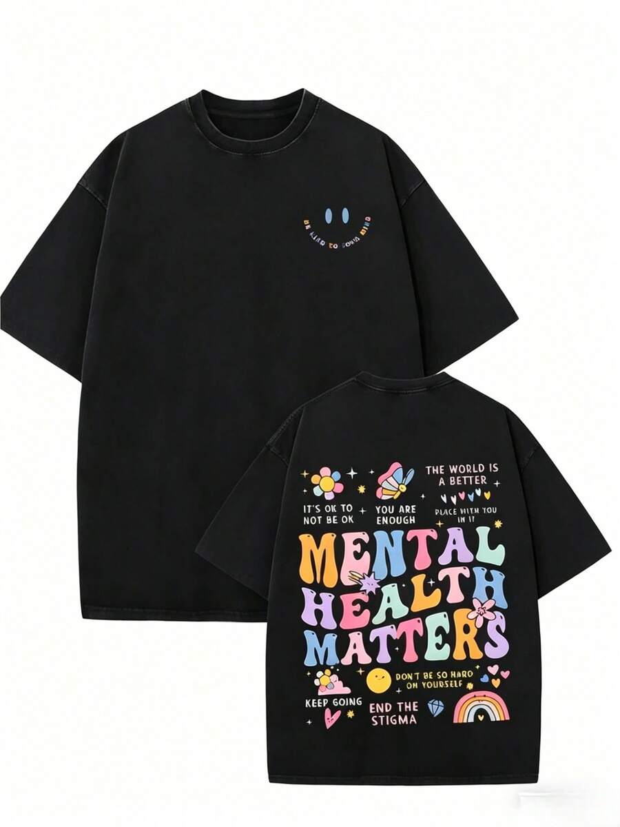Women's Casual Loose Fit T-Shirt With "Mental Health Matters" Print, Breathable And Comfortable, Short Sleeve And Round Neck, Vintage Washed Black With Inspirational Quotes And Rainbow Print, Soft Cotton, Perfect For Everyday Wear And Retro Urban Style. - 黑色 - 查看 1
