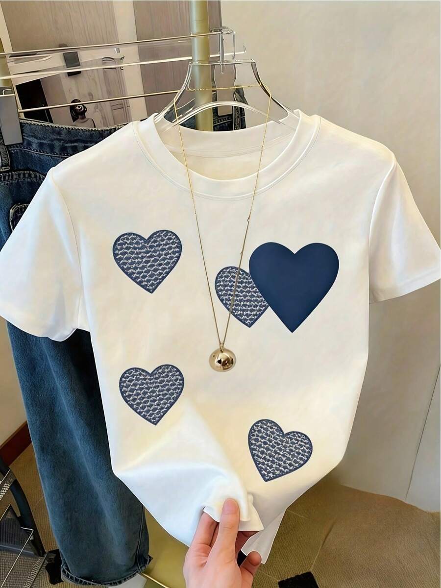 Camiseta de Mujer Manga Corta Cuello Redondo - Estampado de Corazones, Tejido de Punto Suave y Cómodo, Ajuste Holgado, Look Romántico y Casual, Talla Grande