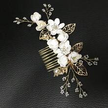 1件新娘婚礼发饰花朵金丝发梳插片 - 金色 - 查看 4