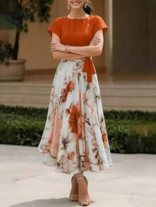 Vestido largo casual y elegante de tela tejida con estampado floral, adecuado para uso diario y todas las temporadas de vacaciones de verano - Rosa Fucsia - Ver 8