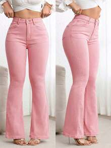 Jeans de mezclilla casual con bolsillo frontal y cierre de botones, para uso diario - Rosa - Ver 8