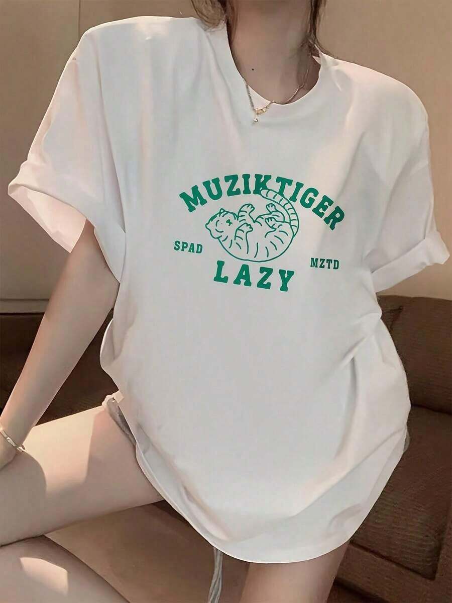 Limited Time Offer, Limited Quantity Available, Flash , Women's Shirts, Women's T-Shirts. Plus Size Women's Loose-Fitting Short-Sleeve Graphic Print T-Shirt - Japanese And Korean Style, Round Neck, Casual Fit, Medium Stretch Breathable Fabric, Machine Washable, Comfortable For Spring, Summer And Autumn, Comfortable And Casual Style, Loose Fit, Durable For Daily Wear. - 白色 - 查看 1