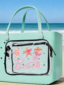 New "Beach" Print Waterproof PVC Beach Bag, Decorated With Shells And Starfish, Beach Accessories, Toiletry Bag, Travel Accessories, Suitable For Decorative Items, Suitable For Travel And Outings, Durable Waterproof And Wear-Resistant, Easy To Clean, Suitable For Bogg Bags, Transparent Bogg Cosmetic Bag With Phone Holder, Internal Compartment Storage Space, Suitable For Travel Cosmetic Bag - Multicolor - View 4