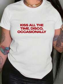 Kiss Anytime, Anywhere. Nightclub, Occasionally. Graphic Print T-Shirt, Short Sleeve, Round Neck, Casual Style For Summer And Spring, Women's Clothing, Vintage Graphic T-Shirt Y2K, Casual Loose Fit, Urban Style, Soft And Breathable Cotton, Short Sleeve, Ideal For Summer Beach, Breathable And Comfortable. - 白色 - 查看 10