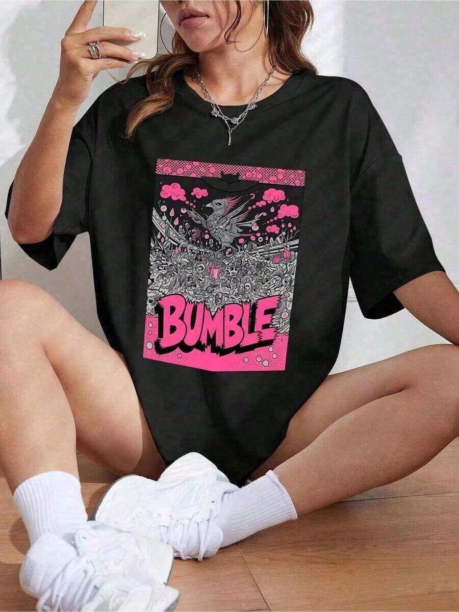 Women's Summer Clothes: Stylish Short-Sleeve Blouse With 'BUNGLE' Graffiti Print And Vibrant Abstract Patterns In Pink And Black, Comfortable And Soft Fabric, Fun Design, Perfect As A Gift For Her. Women's Summer Clothes: Stylish Short-Sleeve Blouse, Loose Fit, Comfortable And Breathable For Everyday Wear. Breathable And Comfortable. - 黑色 4 - 查看 1